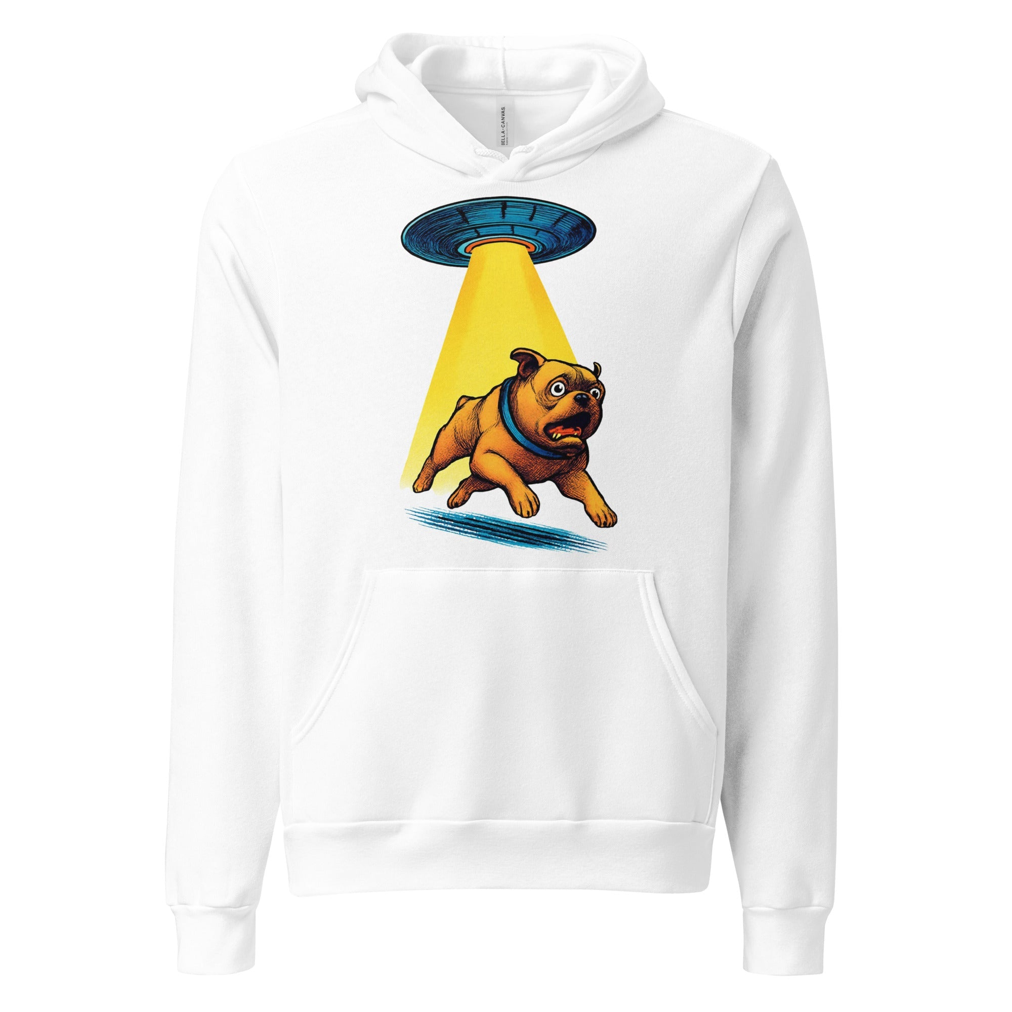 An excited bulldog running from a UFO - Represents Save The Bulldog Apparel Collection 